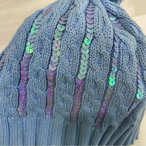 Children’s Place Cotton Cable Knit Winter Hat Blue Sequins Pom Girls Size 7-8 - Picture 2 of 10
